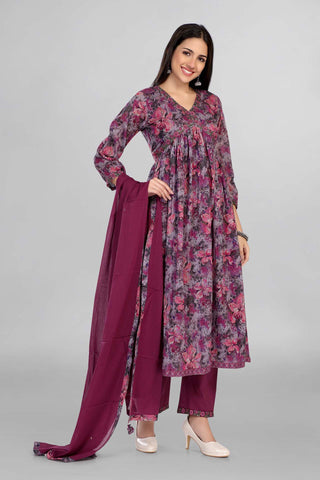 Lavender Colour Beautiful Alia Cut Kurti Paired With Pant And Dupatta