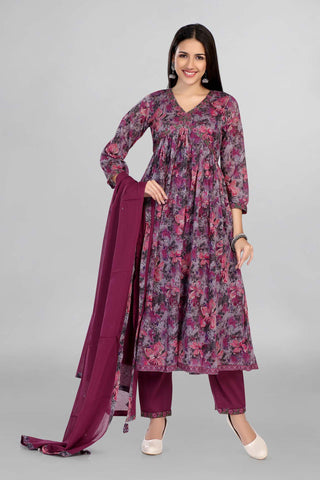 Lavender Colour Beautiful Alia Cut Kurti Paired With Pant And Dupatta