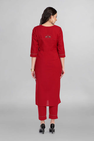 Red Colour Casual Wear Kurti Set Beautiful Hand Emboridery With Cotton Pant