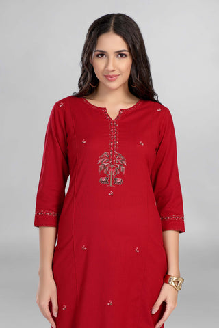 Red Colour Casual Wear Kurti Set Beautiful Hand Emboridery With Cotton Pant