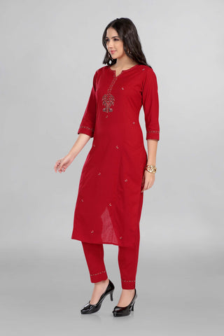 Red Colour Casual Wear Kurti Set Beautiful Hand Emboridery With Cotton Pant