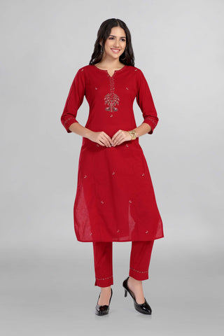 Red Colour Casual Wear Kurti Set Beautiful Hand Emboridery With Cotton Pant