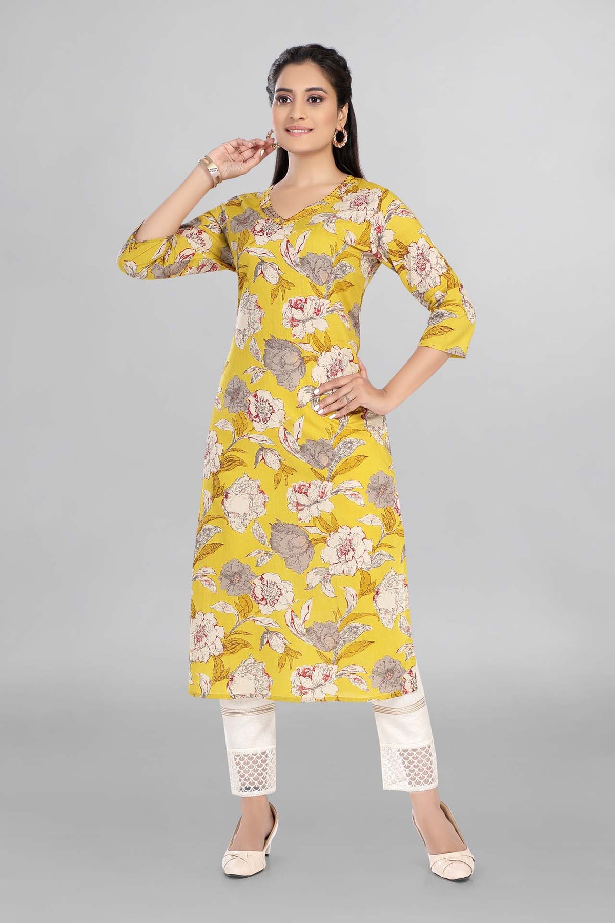 Mustard Colour Floral Printed Kurti