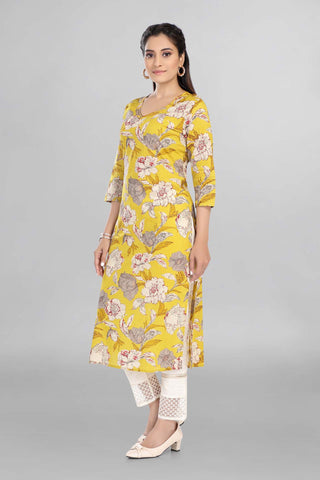 Mustard Colour Floral Printed Kurti