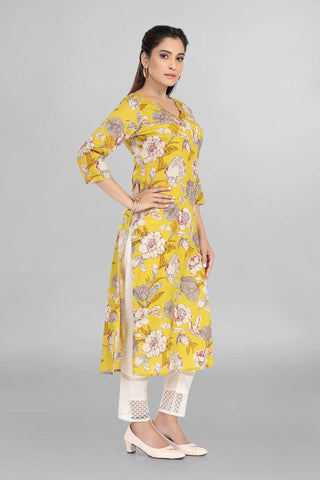 Mustard Colour Floral Printed Kurti