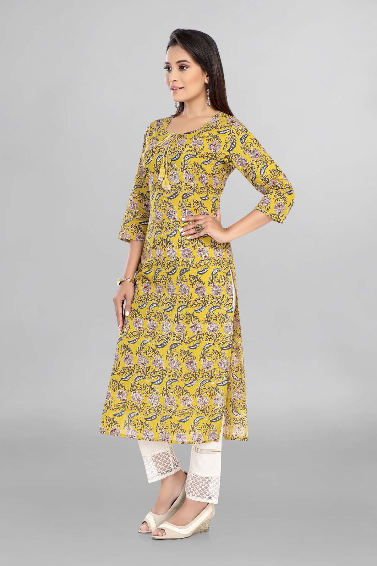 Mustard Colour Floral Printed Casual Wear Kurti