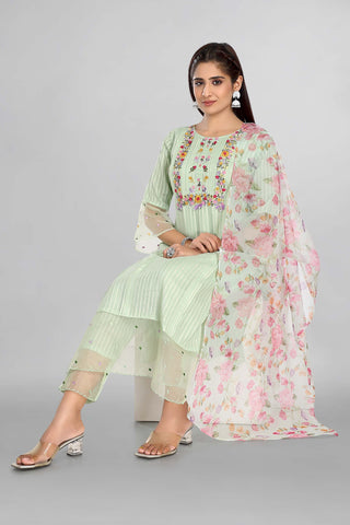 Beautiful Light  Green Colour Kurta Paired With Pant And Organza Dupatta