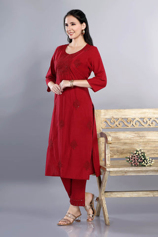 Maroon Colour Embroidery Kurta Paired With Pant