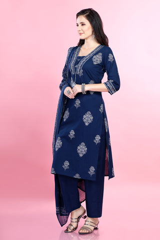 Blue Colour Printed Kurta Paired With Pant And Dupatta