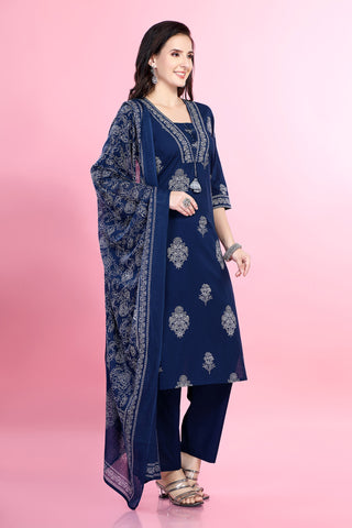 Blue Colour Printed Kurta Paired With Pant And Dupatta