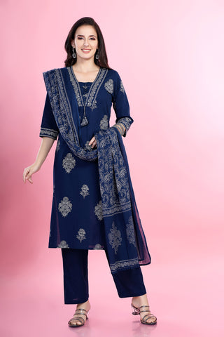 Blue Colour Printed Kurta Paired With Pant And Dupatta