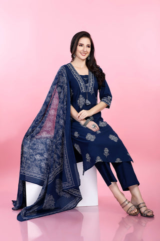 Blue Colour Printed Kurta Paired With Pant And Dupatta