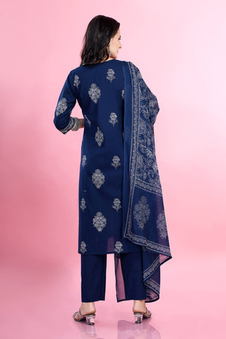 Blue Colour Printed Kurta Paired With Pant And Dupatta