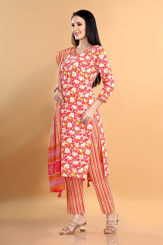 Pink Colour Cotton Kurta Paired With Pant And Dupatta