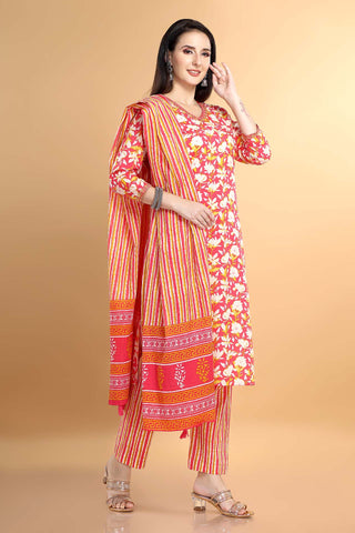 Pink Colour Cotton Kurta Paired With Pant And Dupatta