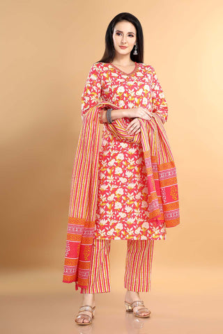 Pink Colour Cotton Kurta Paired With Pant And Dupatta