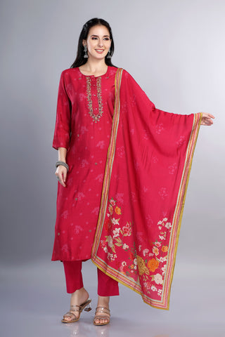 Pink Colour Muslin Kurta Paired With Pant And Floral Printed Dupatta