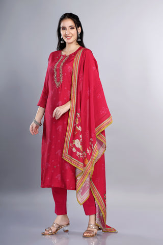 Pink Colour Muslin Kurta Paired With Pant And Floral Printed Dupatta