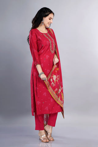 Pink Colour Muslin Kurta Paired With Pant And Floral Printed Dupatta