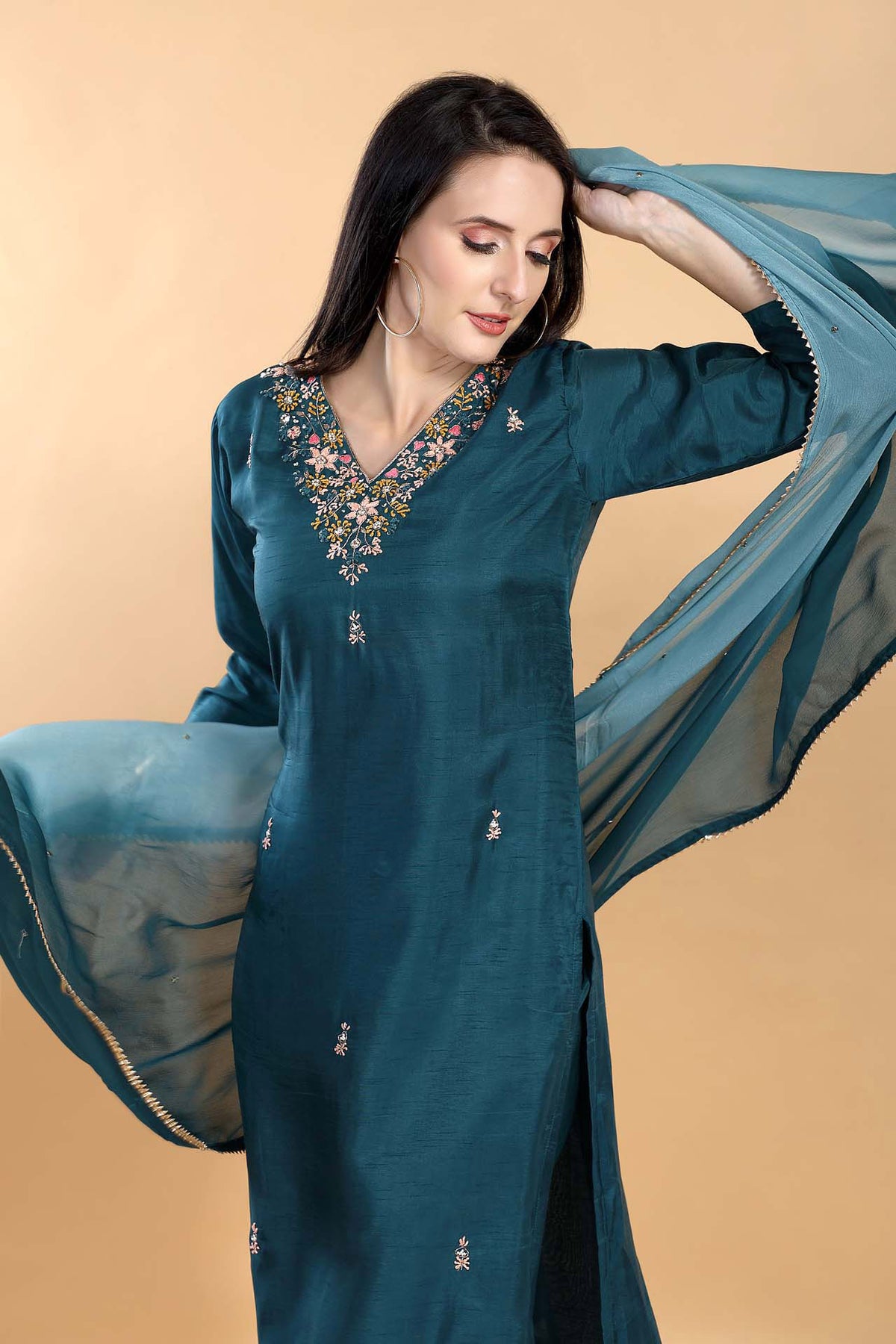 Rama Green Colour V Neck Kurta Paired With Pant And Dupatta