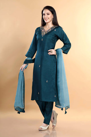 Rama Green Colour V Neck Kurta Paired With Pant And Dupatta