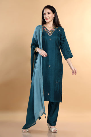 Rama Green Colour V Neck Kurta Paired With Pant And Dupatta