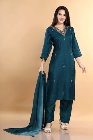 Rama Green Colour V Neck Kurta Paired With Pant And Dupatta