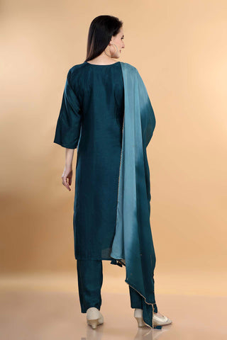 Rama Green Colour V Neck Kurta Paired With Pant And Dupatta