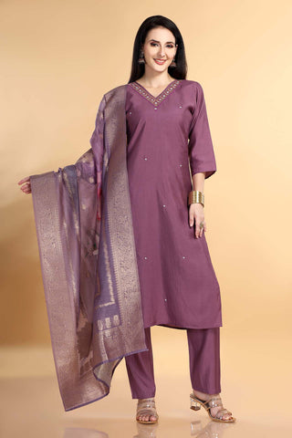 Lavender Colour Muslin Kurta Paired With Pant And Dupatta