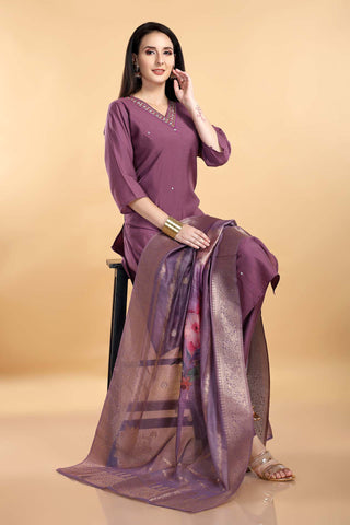 Lavender Colour Muslin Kurta Paired With Pant And Dupatta