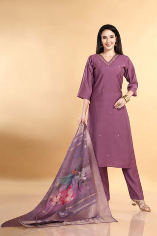 Lavender Colour Muslin Kurta Paired With Pant And Dupatta