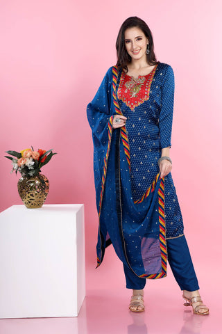 Blue Colour Bandhani Kurta Paired With Pant And Dupatta