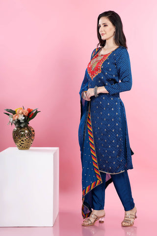 Blue Colour Bandhani Kurta Paired With Pant And Dupatta