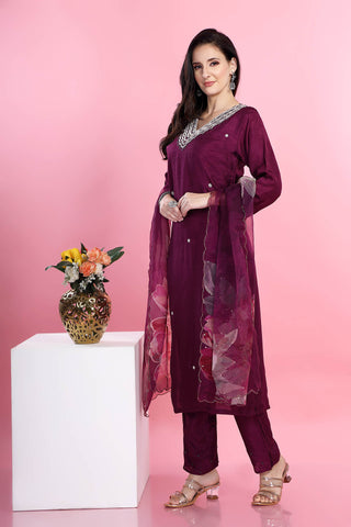 Purple Colour V Neck Kurta Paired With Pant And Dupatta