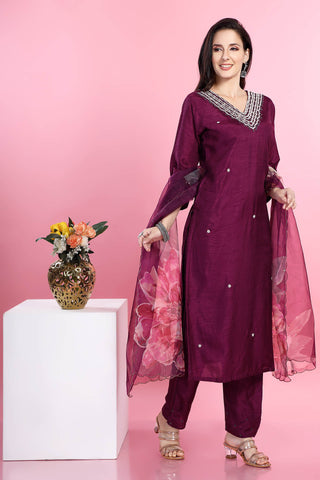 Purple Colour V Neck Kurta Paired With Pant And Dupatta