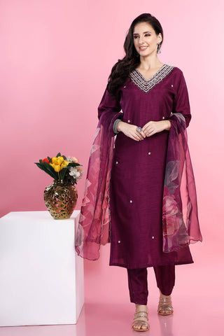 Purple Colour V Neck Kurta Paired With Pant And Dupatta