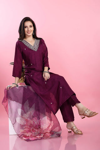 Purple Colour V Neck Kurta Paired With Pant And Dupatta