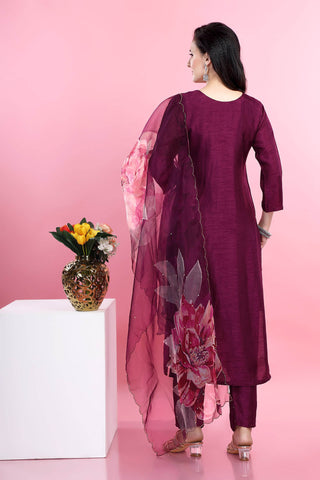 Purple Colour V Neck Kurta Paired With Pant And Dupatta