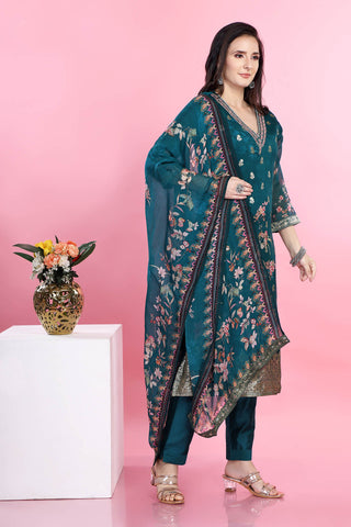 Rama Green Colour Floral Printed Kurta Paired With Pant And Dupatta