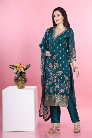 Rama Green Colour Floral Printed Kurta Paired With Pant And Dupatta