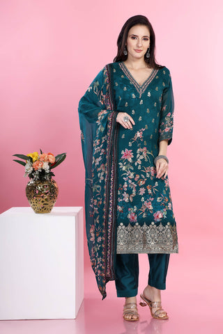 Rama Green Colour Floral Printed Kurta Paired With Pant And Dupatta