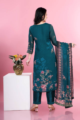 Rama Green Colour Floral Printed Kurta Paired With Pant And Dupatta