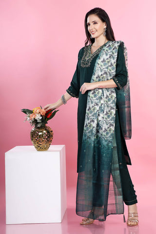 Green Colour V Neck Kurta Paired With Pant With Dupatta