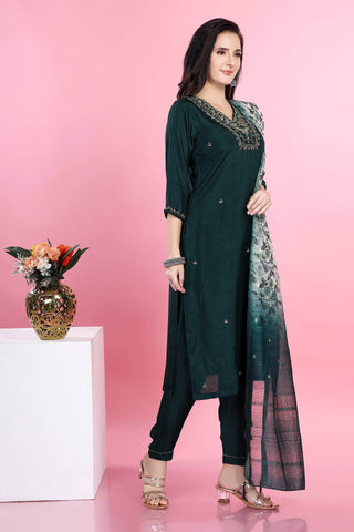 Green Colour V Neck Kurta Paired With Pant With Dupatta