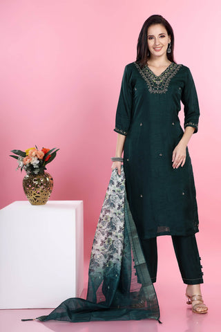 Green Colour V Neck Kurta Paired With Pant With Dupatta