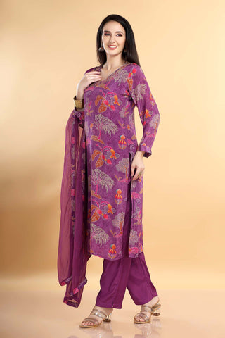 Lavender Colour V Neck Kurta Paired With Pant And Dupatta