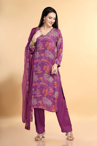 Lavender Colour V Neck Kurta Paired With Pant And Dupatta