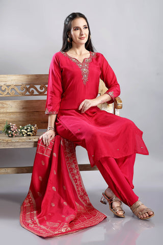 Dark Pink Plain Kurta Paired With Pant And Dupatta