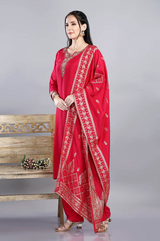 Dark Pink Plain Kurta Paired With Pant And Dupatta