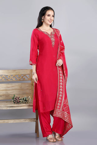 Dark Pink Plain Kurta Paired With Pant And Dupatta